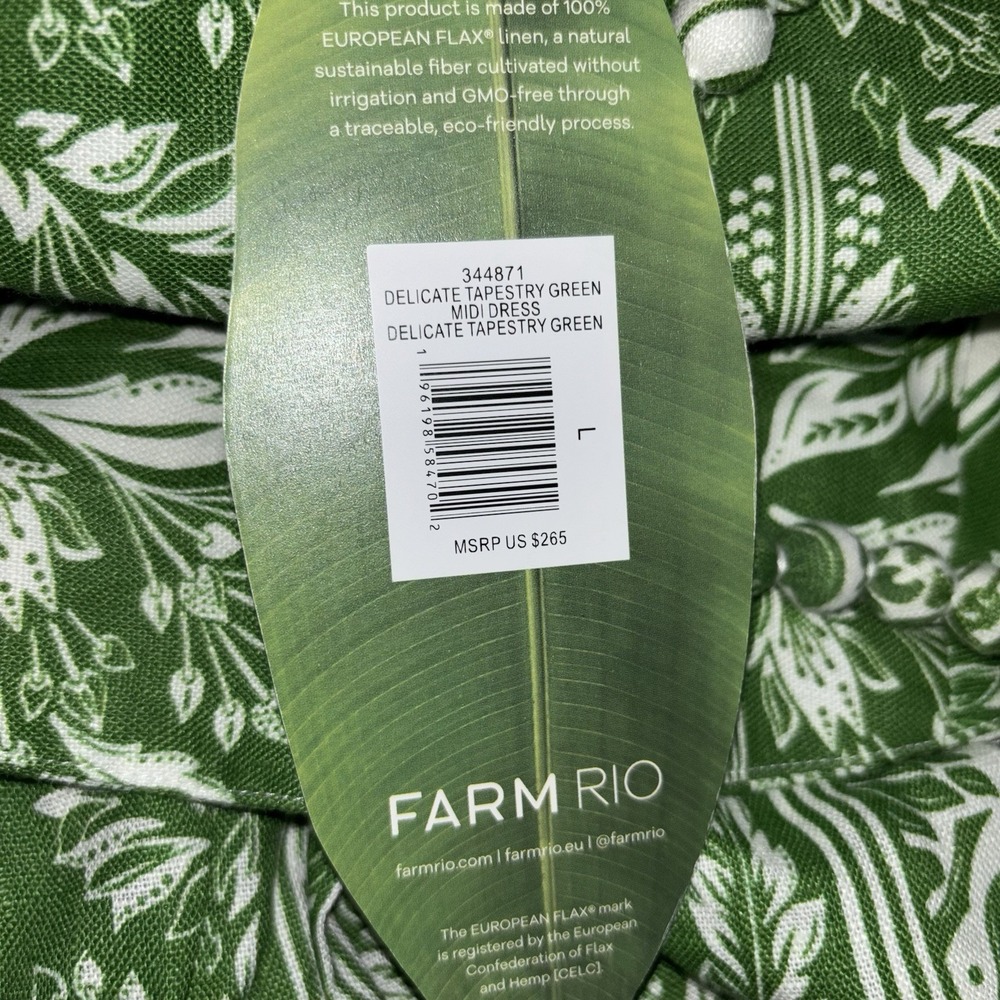 Farm Rio Midi Dress Womens Large Green Delicate Tapestry 100% Linen Strappy NWT - Picture 8 of 10